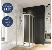 Douche d'angle avec porte coulissante dans une salle de bain au design moderne