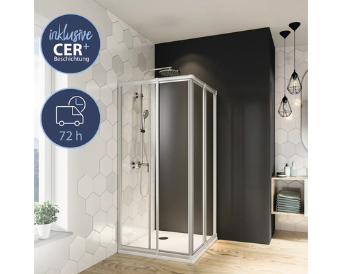 Eckeinstieg Schiebetür BREUER Fara 4 Express Q72 70-80 cm Höhe 185 cm Kunstglas Perle Profilfarbe silber matt Eckdusche mit Schiebetür in modernem Badezimmerdesign
