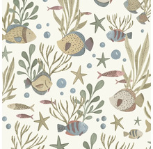 Papier peint avec des poissons, des étoiles de mer, des algues et des bulles