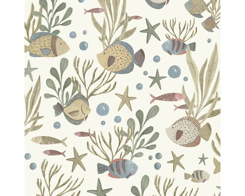Papier peint avec des poissons, des étoiles de mer, des algues et des bulles