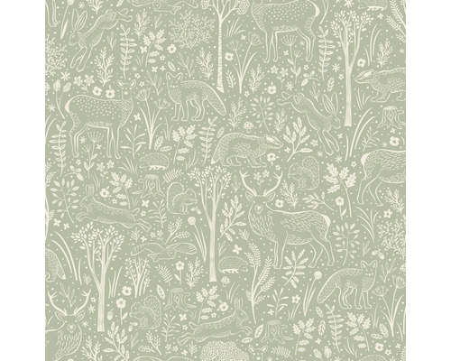 Papier peint avec motifs d'animaux forestiers tels que cerfs, lièvres, renards, blaireaux, écureuils et hérissons