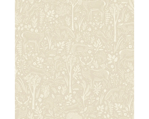 Papier peint avec motif d'animaux forestiers, comprenant des cerfs, des renards, des lapins, des écureuils et des arbres.