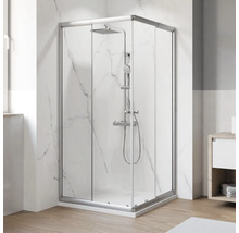 Cabine de douche d'angle avec porte coulissante et ensemble de douche dans la salle de bain