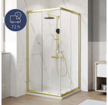 Cabine de douche d'angle avec robinetterie de douche et symbole du délai de livraison