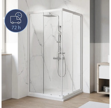 Cabine de douche complète avec tête carrée et douchette à main dans la salle de bain