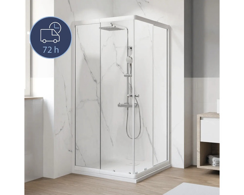 Eckeinstieg mit Gleittür/Schiebetür BREUER Ektos 80 - 90 cm Profil weiß Klarglas Reversibel Komplette Duschkabine mit quadratischem Kopf und Handbrause im Badezimmer