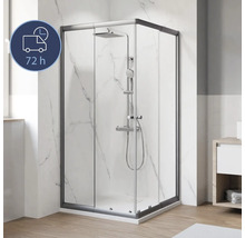 Cabine de douche d'angle avec robinetterie de douche et indication du délai de livraison de 72 heures