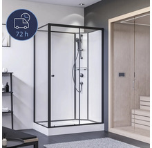 Duschkabine mit schwarzem Rahmen und Duschsystem im Badezimmer