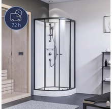 Eckdusche mit Duschsystem in einem hellen Badezimmer.