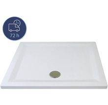 Receveur de douche blanc avec garniture d'écoulement et symbole de délai de livraison de 72 heures