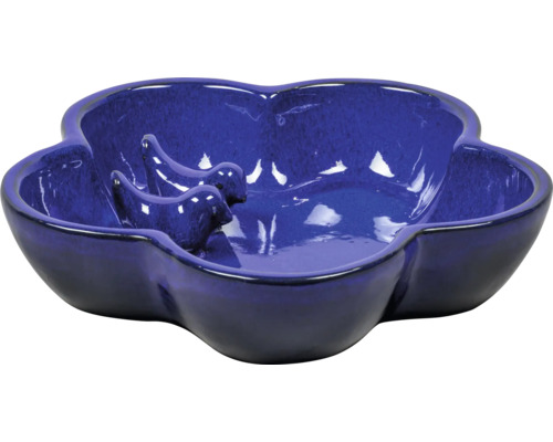 Blaues Keramikvogelbad in Blütenform