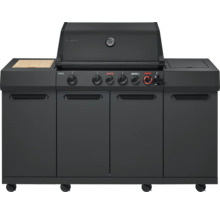 Schwarzer Gasgrill mit Schrank und Rollen für den Aussenbereich.