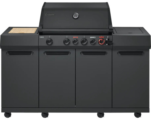 Schwarzer Gasgrill mit Schrank und Rollen für den Aussenbereich.