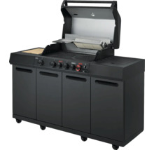 Schwarzer Gasgrill mit offenem Deckel und Unterschrank