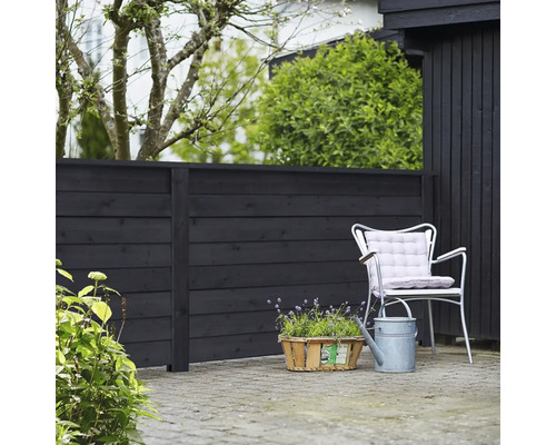 Scène de jardin avec clôture en bois, chaise de jardin, panier de fleurs et arrosoir