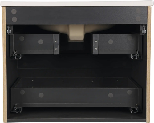 Innenansicht eines Waschtischunterschranks mit Schubladen