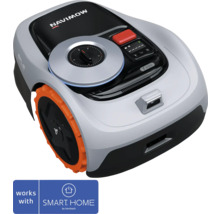 Robot tondeuse Navimow avec éléments de commande et logo Smart Home