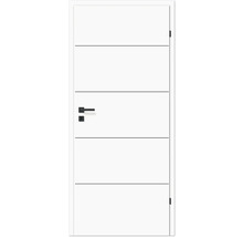 Weiße Innentür mit schwarzem Türgriff und horizontalen Zierlinien