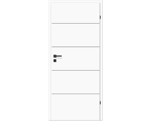 Weiße Innentür mit schwarzem Türgriff und horizontalen Zierlinien