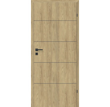 Holztür mit horizontalen Zierleisten und schwarzer Türklinke