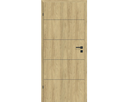 Pertura Zimmertür ORVEN 01 CPL Hickora Eiche 98,5x198,5 links Holztür mit horizontalen Linien und Türgriff