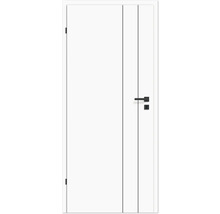 Weiße Innentür mit schwarzer Türklinke und schmalen Zierlinien