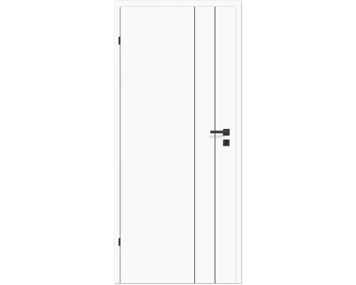 Weiße Innentür mit schwarzer Türklinke und schmalen Zierlinien