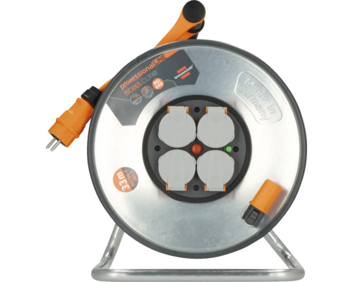 Brennstuhl Stahlblech Kabeltrommel mit 4 Steckdosen und 33 Meter Kabel