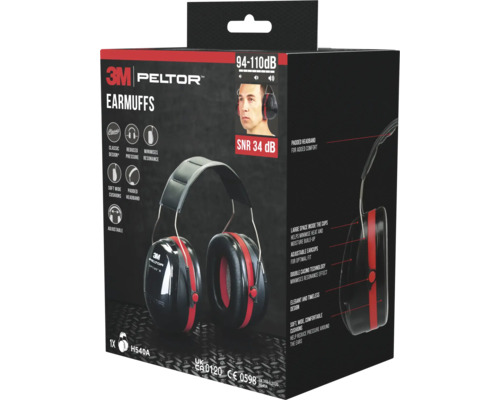 Casque antibruit 3M Peltor avec un indice d'affaiblissement sonore SNR de 34 décibels dans son emballage