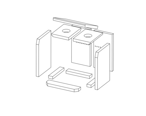 Explosionszeichnung einer Holzkonstruktion mit Brettern und Blöcken