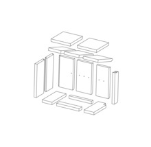 Explosionszeichnung eines Möbelbausatzes mit Brettern, Seitenwänden und Zubehör