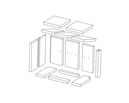 Explosionszeichnung eines Schranks mit Türen und Einlegeböden