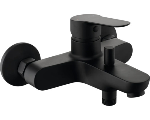 Schwarze Badewannenarmatur mit Einhebelmischer.