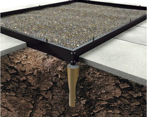 Fundament Halls Icon 6 4,9 m² 254,7 x 192,5 x 12 cm schwarz Darstellung eines Fundaments mit Kiesbett, Terrassenplatten und Bodenaushub