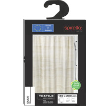 Verpackung eines beigen Textil Duschvorhangs von Spirella, Größe 180 x 200 cm, hergestellt in Europa