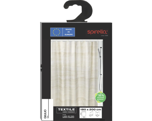 Verpackung eines beigen Textil Duschvorhangs von Spirella, Größe 180 x 200 cm, hergestellt in Europa