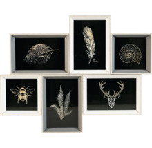 Décoration murale avec des motifs de la nature : feuille, plume, coquille d'escargot, abeille, fougère, bois de cerf