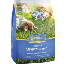 Verpackung Premium Strapazierrasen der Marke Kiepenkerl mit RSM Gütesiegel, geeignet für 200 Quadratmeter