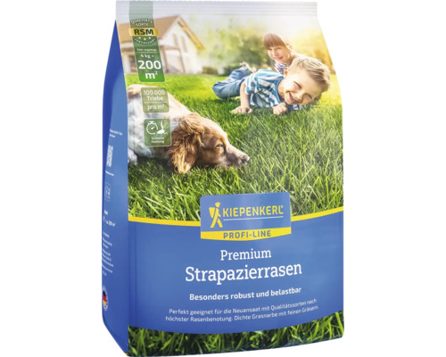 Verpackung Premium Strapazierrasen der Marke Kiepenkerl mit RSM Gütesiegel, geeignet für 200 Quadratmeter