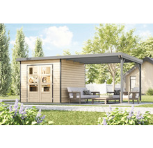 Gartenszene mit Gerätehaus und Lounge-Bereich