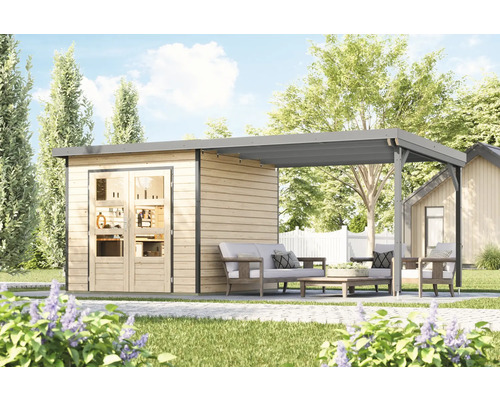 Gartenszene mit Gerätehaus und Lounge-Bereich