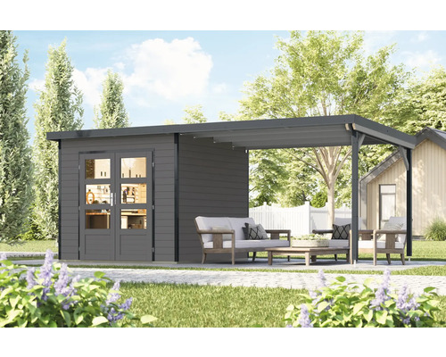 Gartenhaus mit überdachter Terrasse und Sitzmöbeln im Garten