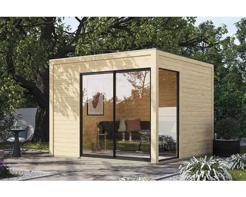 Modernes Gartenhaus aus Holz mit Schiebetür und großem Fenster