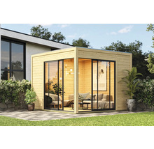 Modernes Gartenhaus mit Holzverkleidung und großen Glasfronten im Aussenbereich.