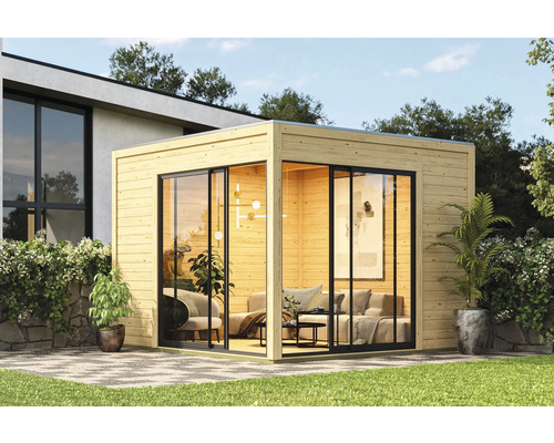 Modernes Gartenhaus mit Holzverkleidung und großen Glasfronten im Aussenbereich.