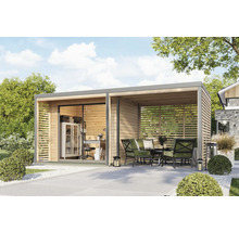 Maison de jardin moderne avec bureau et terrasse couverte avec coin salon.