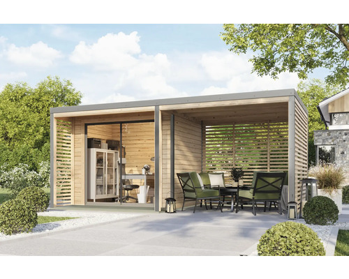 Maison de jardin moderne avec bureau et terrasse couverte avec coin salon.