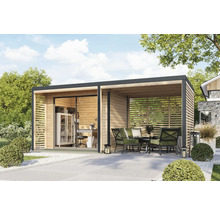 Maison de jardin moderne avec bureau et terrasse couverte avec mobilier de jardin.