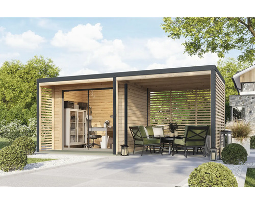 Maison de jardin moderne avec bureau et terrasse couverte avec mobilier de jardin.