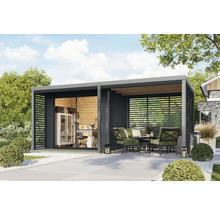 Maison de jardin moderne avec porte coulissante, terrasse avec coin salon et lames horizontales